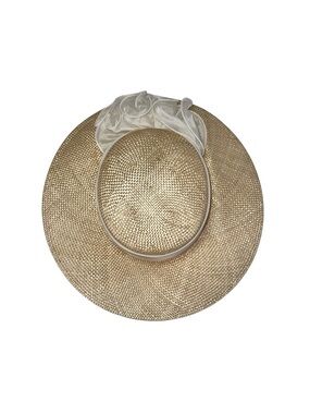 Sonni Natural Straw Wide Brim Ivory Organza Floral Trim Derby Church Hat